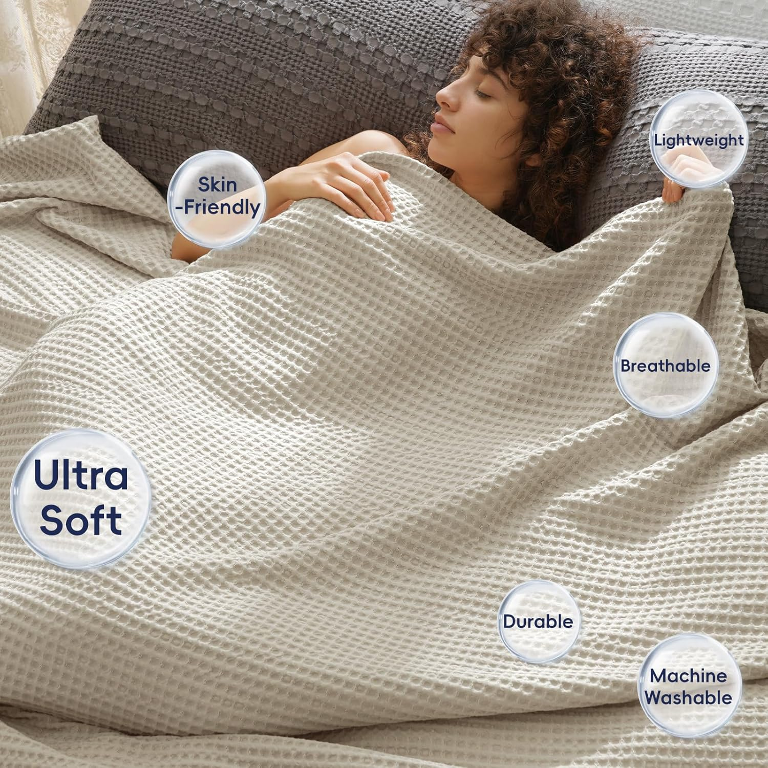 PHF Ultra Soft Waffle Weave Throw Blanket 50"X 60"- Washed Lightweight Breathable Cozy Woven Blanket for Bed - Aesthetic Decor for Couch Bedding Sofa Home Car - Light Khaki/Linen image number 3