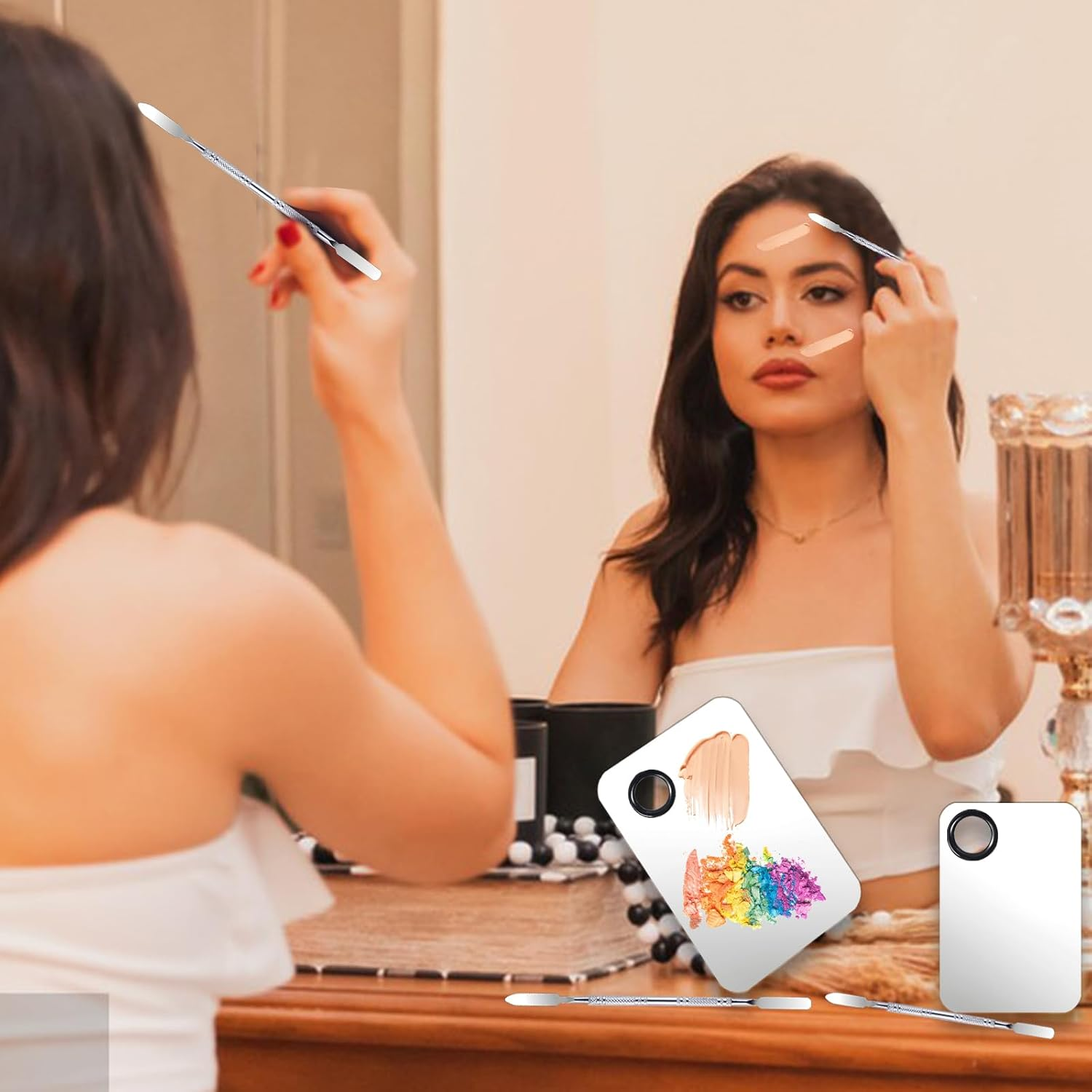 2 Set Makeup Mixing Palette,Stainless Steel Makeup Palette with Spatula Professional Make up Artist Must Haves Make up Palette,Suitable for Mixing Foundation Make up Eye Shadow and Nail(Silvery） image number 2