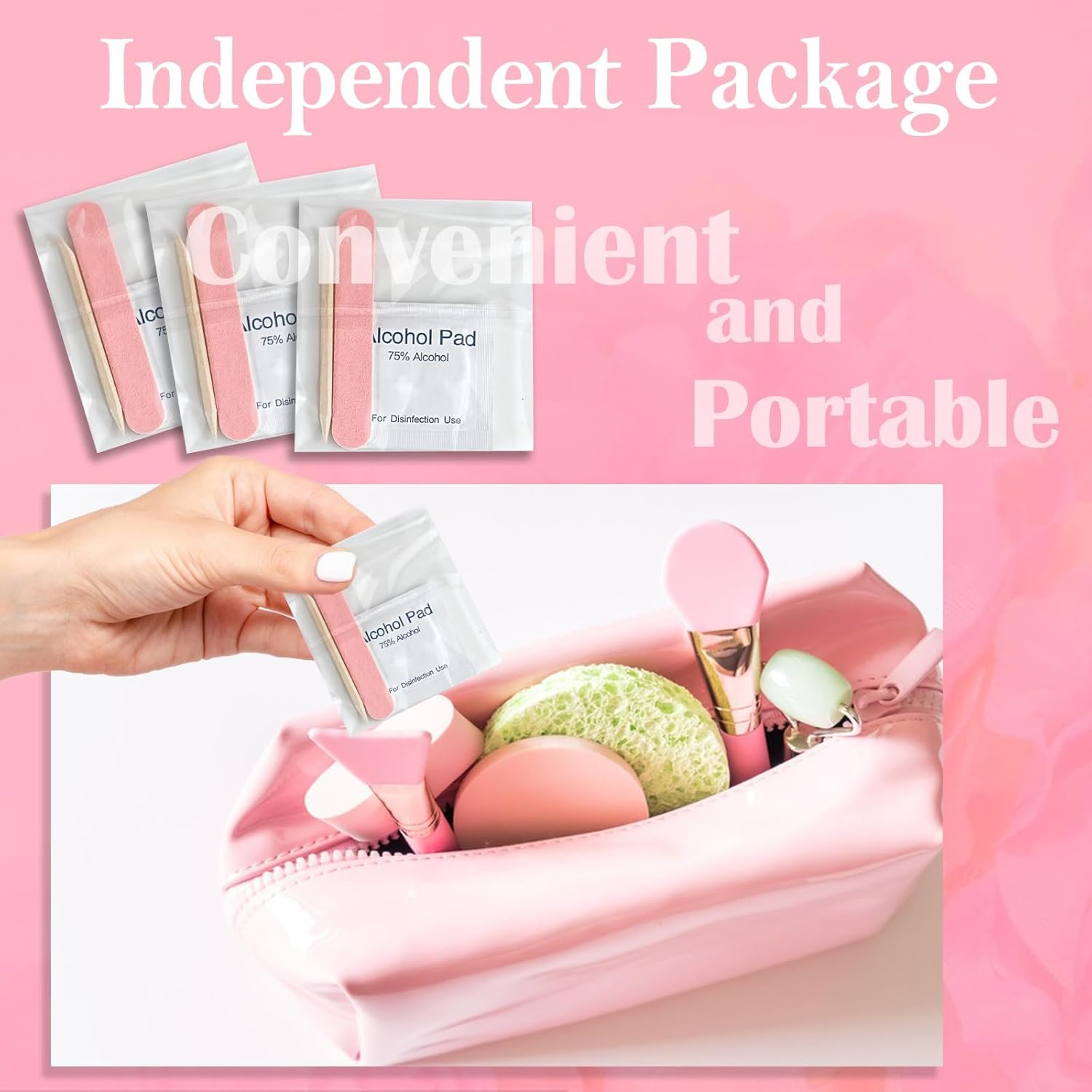 50 Set Disposable Press on Nail Tool Kit, Including 50Pcs Nail File, 50Pcs Prep Pad, 50Pcs Wood Stick, 50Pcs OPP Bag, Manicure Nail Prep Kit for Salon Home (50Pcs-A-Pink) image number 5