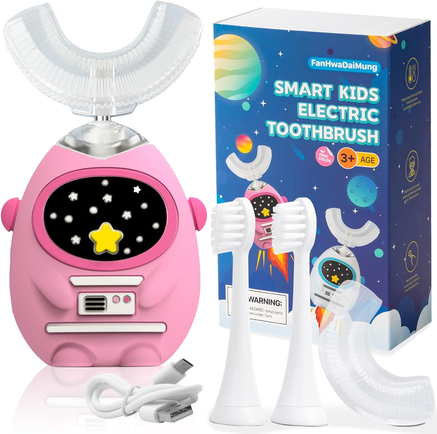 Fanhwadaimung Kids U Shaped Electric Toothbrush with Music, 360&deg; Deep Cleaning, 3 Modes, Voice Teaching, 45S Smart Timer, Type-C Charging, Waterproof Astronaut Design, for Ages 3-12 (Heroic White)