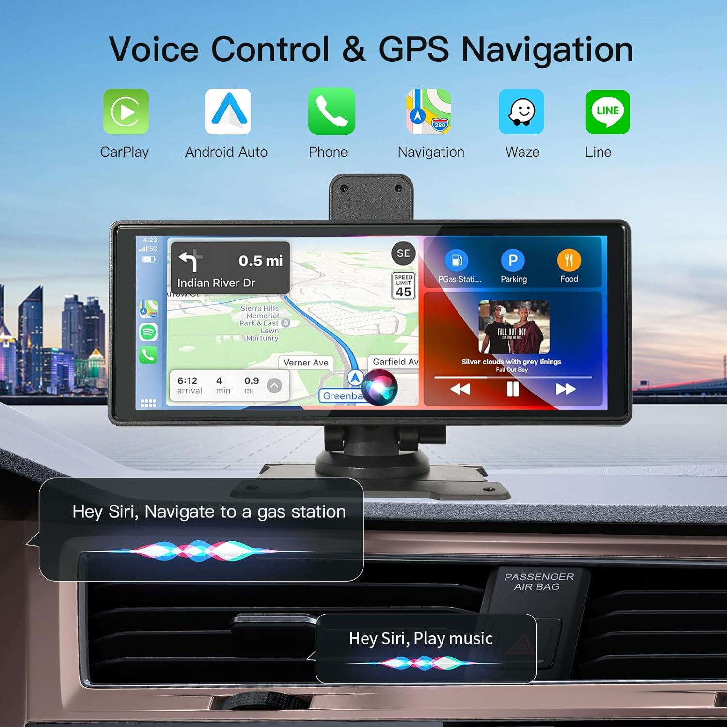 9.3" Portable Wireless Carplay & Android Auto Car Screen - with 4K Dash Cam, 1080P Backup Camera, Support GPS Navigation, Voice Control, Bluetooth, FM/AUX, Mirror Link