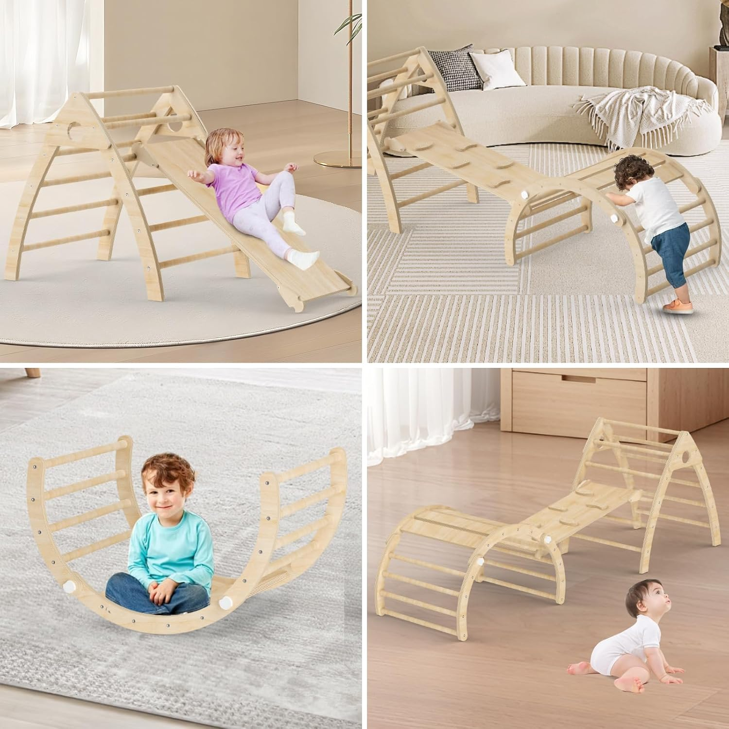 Pikler Triangle Set for Toddler Climbing Toy Indoor, Montessori Toddler Climbing Toys Set with Climbing Triangle, Ramp, Transformable Arch, Indoor Playground Climbing Toys Set for Toddlers image number 1