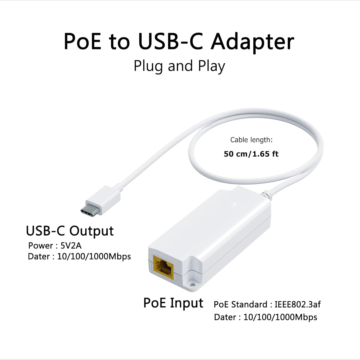 Gigabit Poe to USB C Converter for Smart Phone/Tablet, USB-C to Ethernet Adapter with 12.5W Charging, Power & Data 2-In-1 RJ45 Port to Type-C Adapter, 10/100/1000Mbps High Speed Plug & Play,Pt-Pgc-Af image number 1