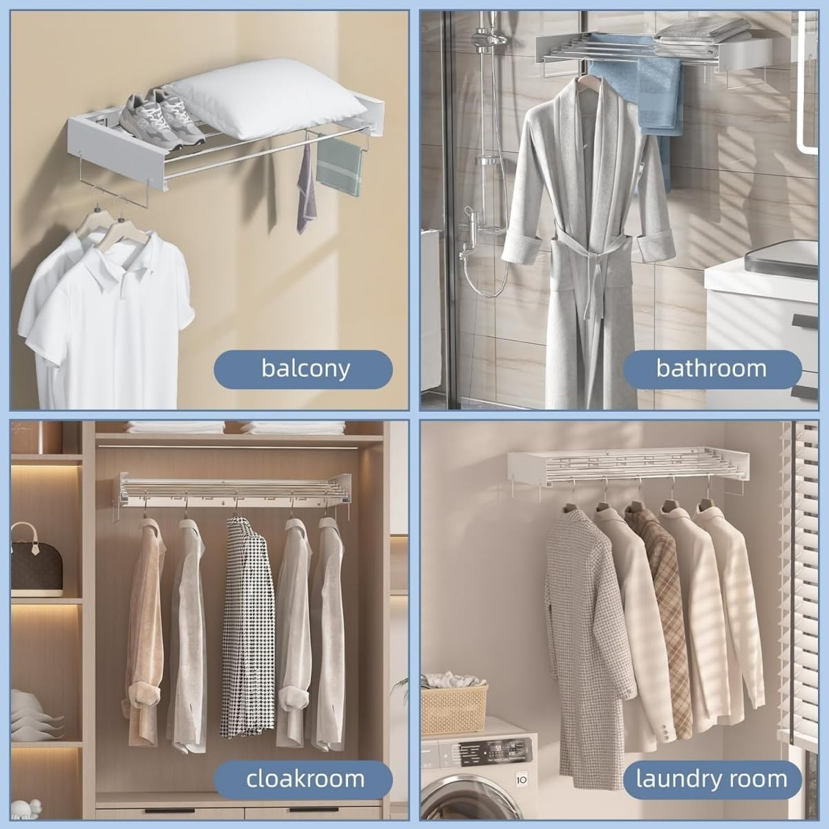 9SHOME 2Pack 80Cm Wall Mounted Clothes Drying Rack Collapsible, for Laundry with Towel Handles, Foldable Indoor and Outdoor Clothes Hanger, Retractable Clothes Drying Rack, 5 Aluminum Rods image number 4