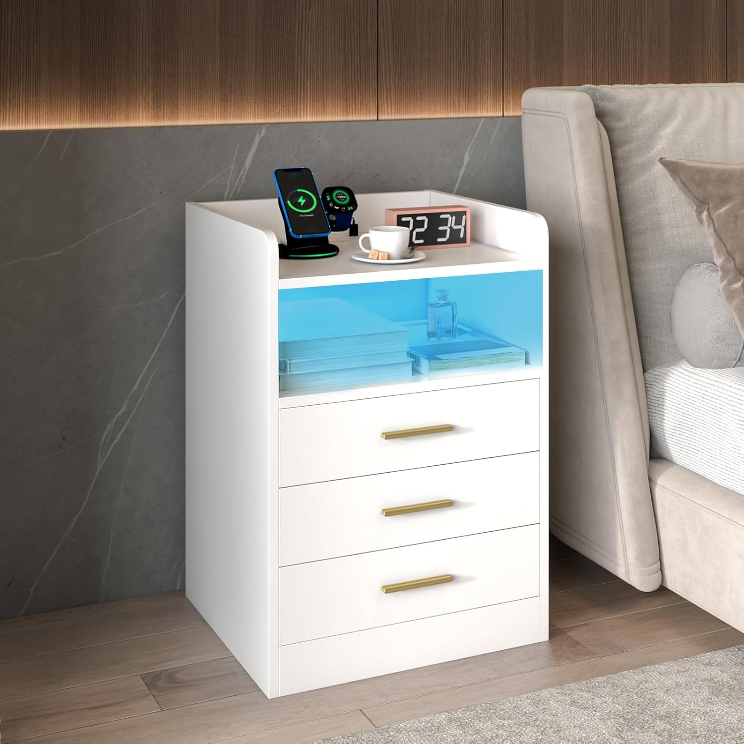 Ufurniture Nightstand with Charging Station, 16 Colors LED Bedside Table with USB Ports and Outlets, End Table with 3 Drawers and Storage Shelf, Small Dresser for Small Space, Black