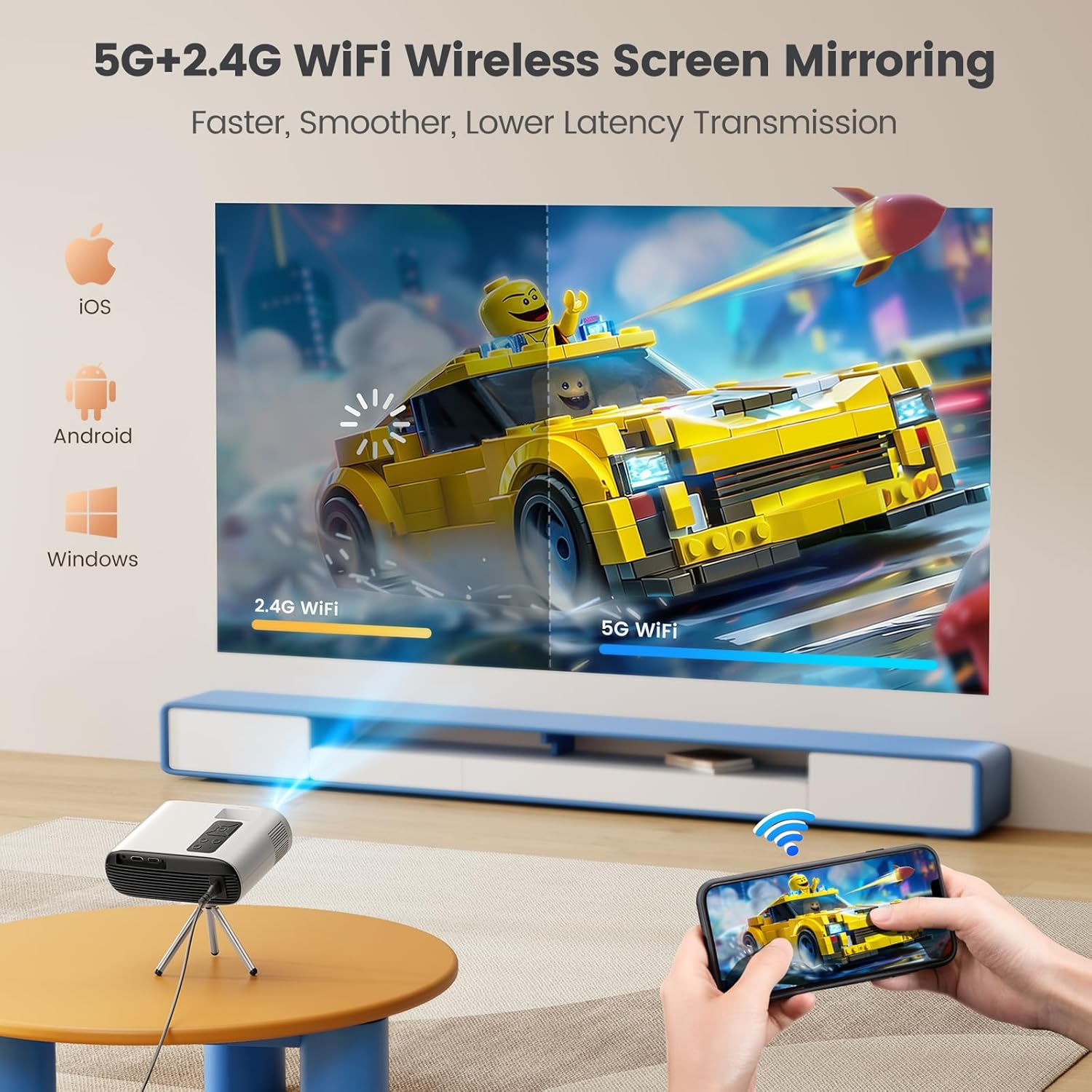 Mini Projector with Tripod【Auto Keystone】 Portable Projector 1080P Supported, TOPTRO 22000 Lumen Wifi 6 Bluetooth Projector Home/Outdoor Movie Projector for TV Stick/Ps5/Phone/Hdmi image number 6