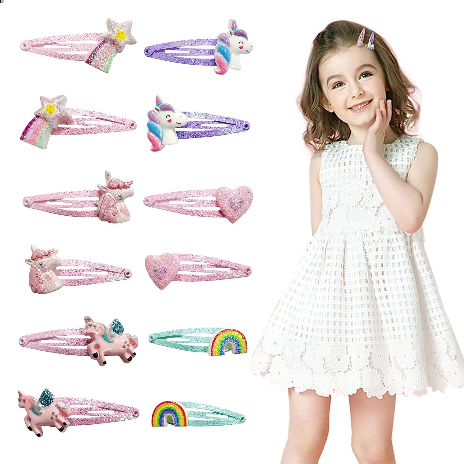 Mrltau Pack of 12 Children'S Hair Clips, Multicoloured, Unicorn Hair Clips for Girls, Hair Clips, Girls' Hair Clips, Cartoon Clips, Children, Hair Clips Girls. image number 3