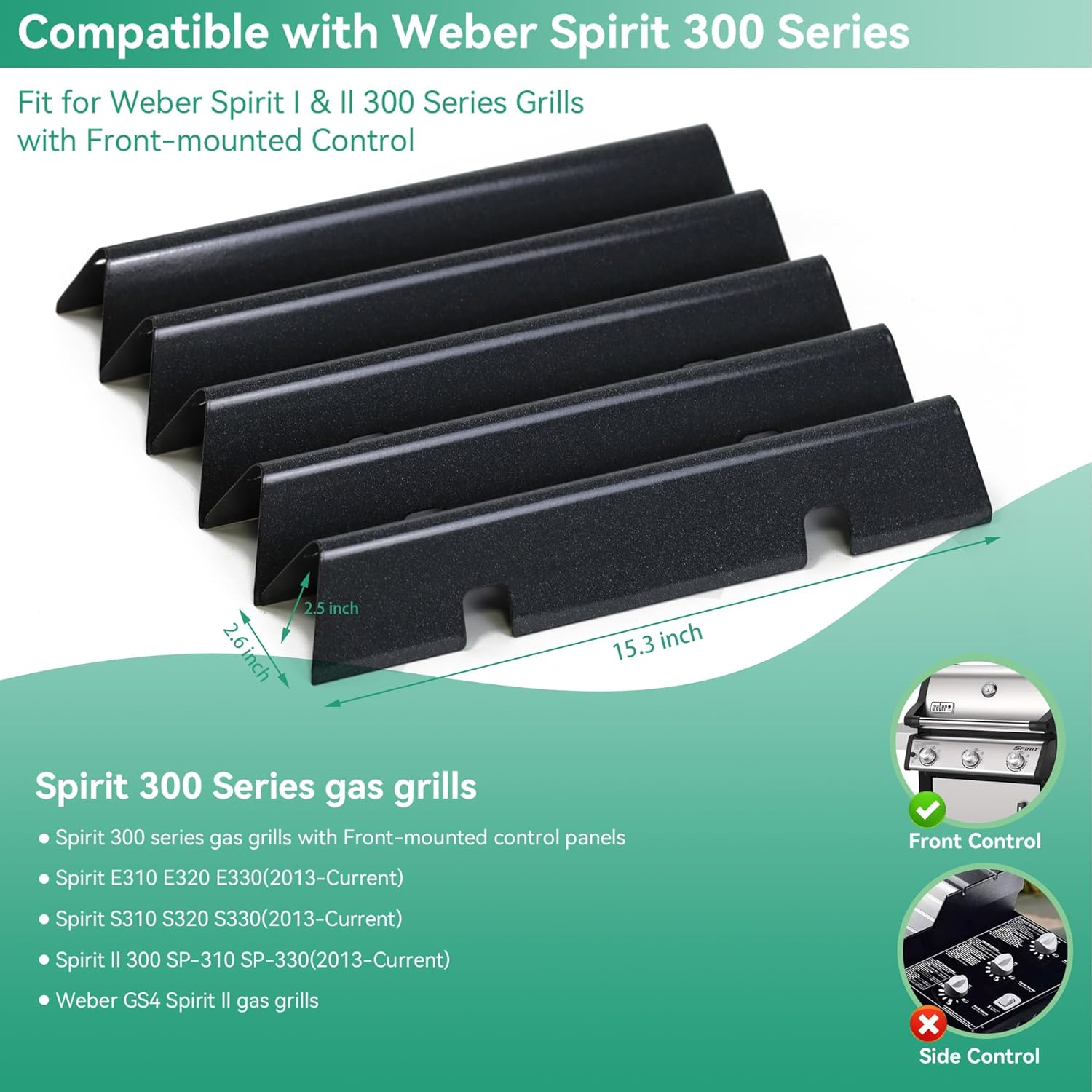 Spirit II E310 67046 7636 Flavorizer Bars for Weber Spirit II & I & GS4 Spirit II E310 E320 S310 S320 Grills with Front Mounted, 15.3 Inch Heat Plate Flame Guard for Weber 67046 69797 68843 Parts