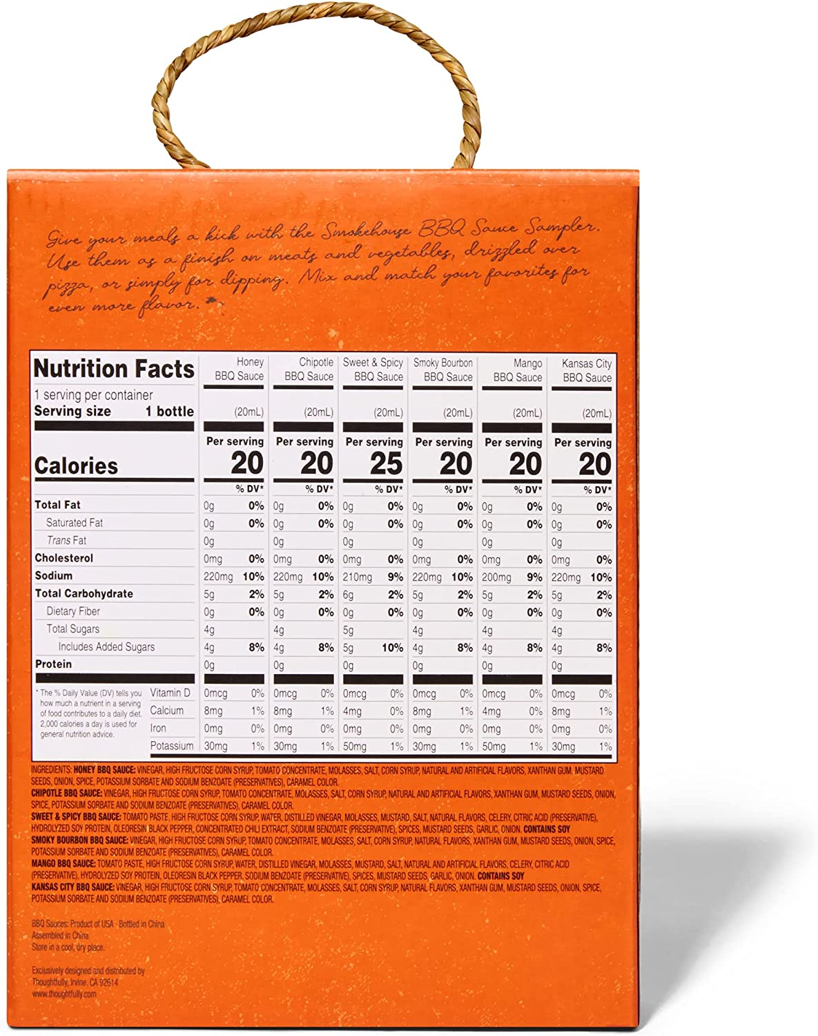 Smokehouse by Thoughtfully, Gourmet Mini BBQ Sauce Gift Set, Flavours Include Honey, Chipotle, Sweet & Spicy, Smoky Bourbon, Mango, and Kansas City, BBQ Sauce Variety Pack, Set of 6 image number 1