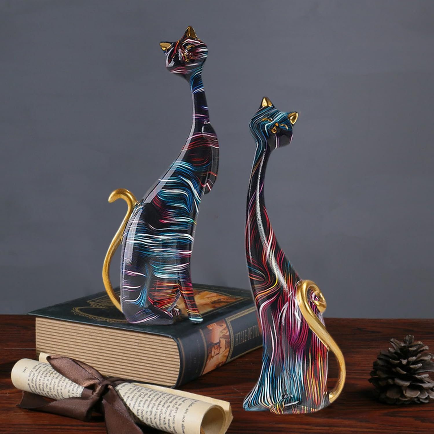 Cat Statues Home Decor | Abstract Resin Cat Figurines | Colorful Cat Statue, Oil Painting Cat Couple Sculptures Set, Modern Resin Figurines for Home Decor Living Room Bathroom Buniq