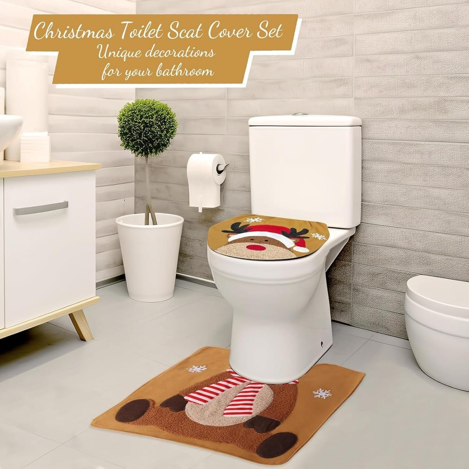 1 Set Christmas Toilet Set, Elk Toilet Cushion, Holiday Bathroom Decorations for Toilet Lid & Floor, Festive Xmas Bathroom Decoration Accessories image number 3