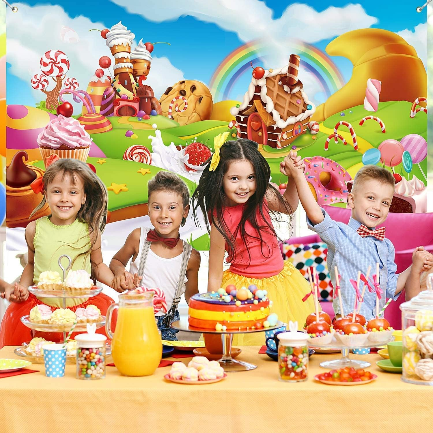 Candy Land Party Decoration Supplies, Extra Large Fabric Sweet Cartoon Background for Baby Shower Birthday Decoration, Lollipop Backdrop Candy House Banner Rainbow Baby Photography Background