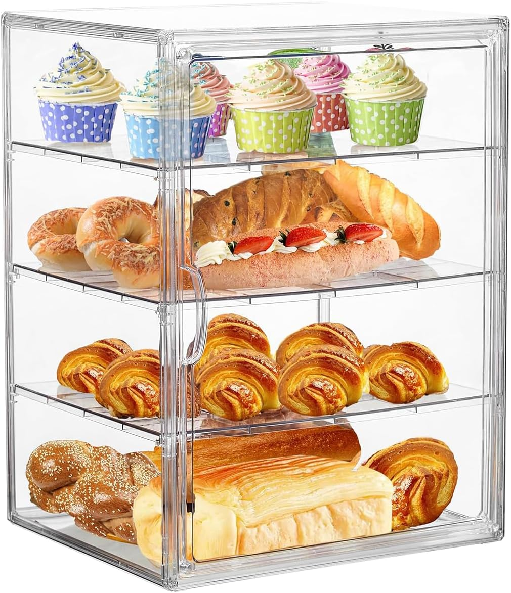 Blissify Pastry Display Case, 4 Layers Adjustable Clear Cookie Display, Acrylic Bread Storage Container with Magnetic Door, Bakery Display Case Countertop for Bread, Bagel, Muffins image number 1