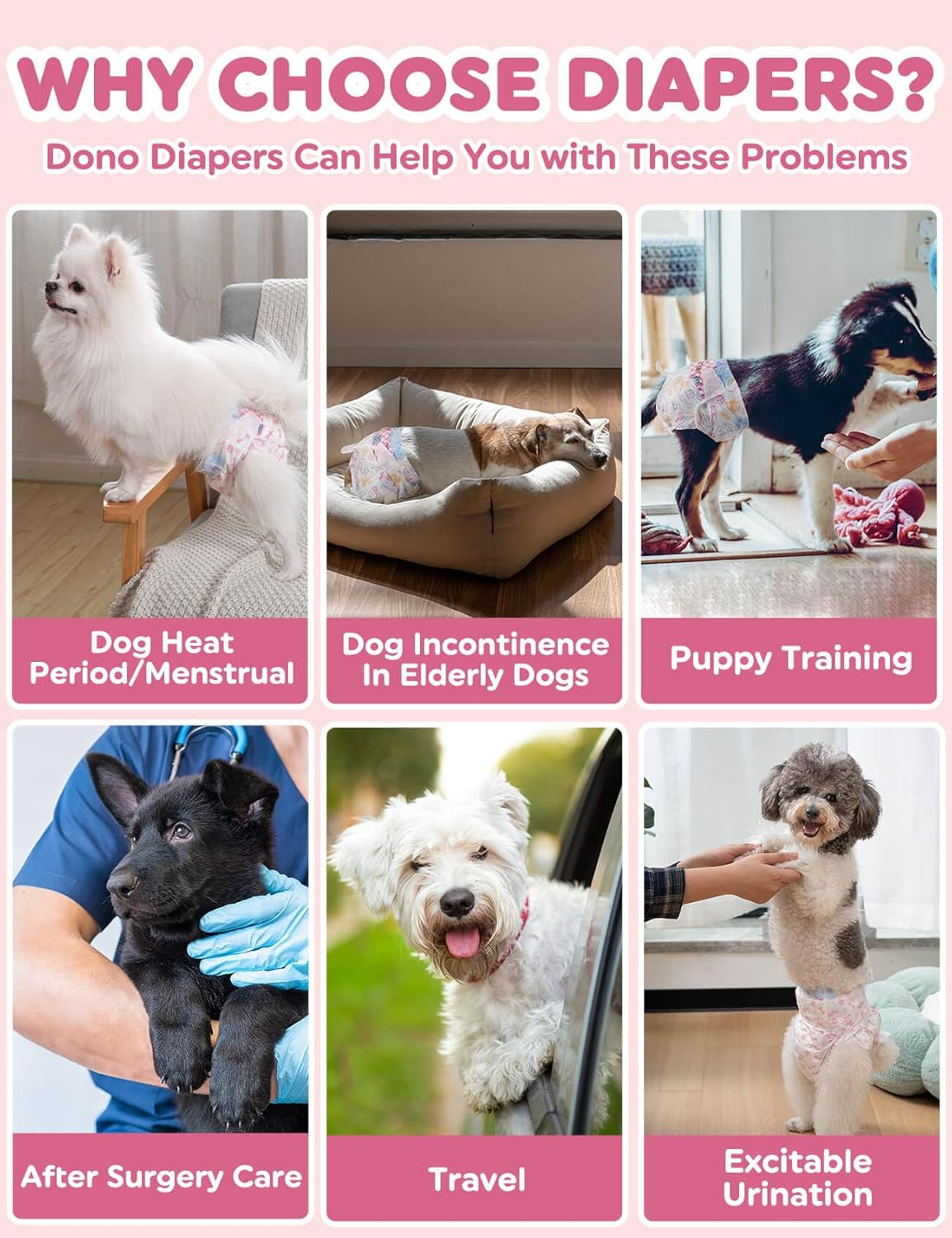 Dono Disposable Dog Nappies Female,48Pcs,Wetness Indicator,Super Absorbent Leak-Proof,Dog Season Diapers Female,Cat Nappies,Dog Pants for Incontinence,Heat,Period,Excitable Urinary,Xxs,Xs,S,M,L