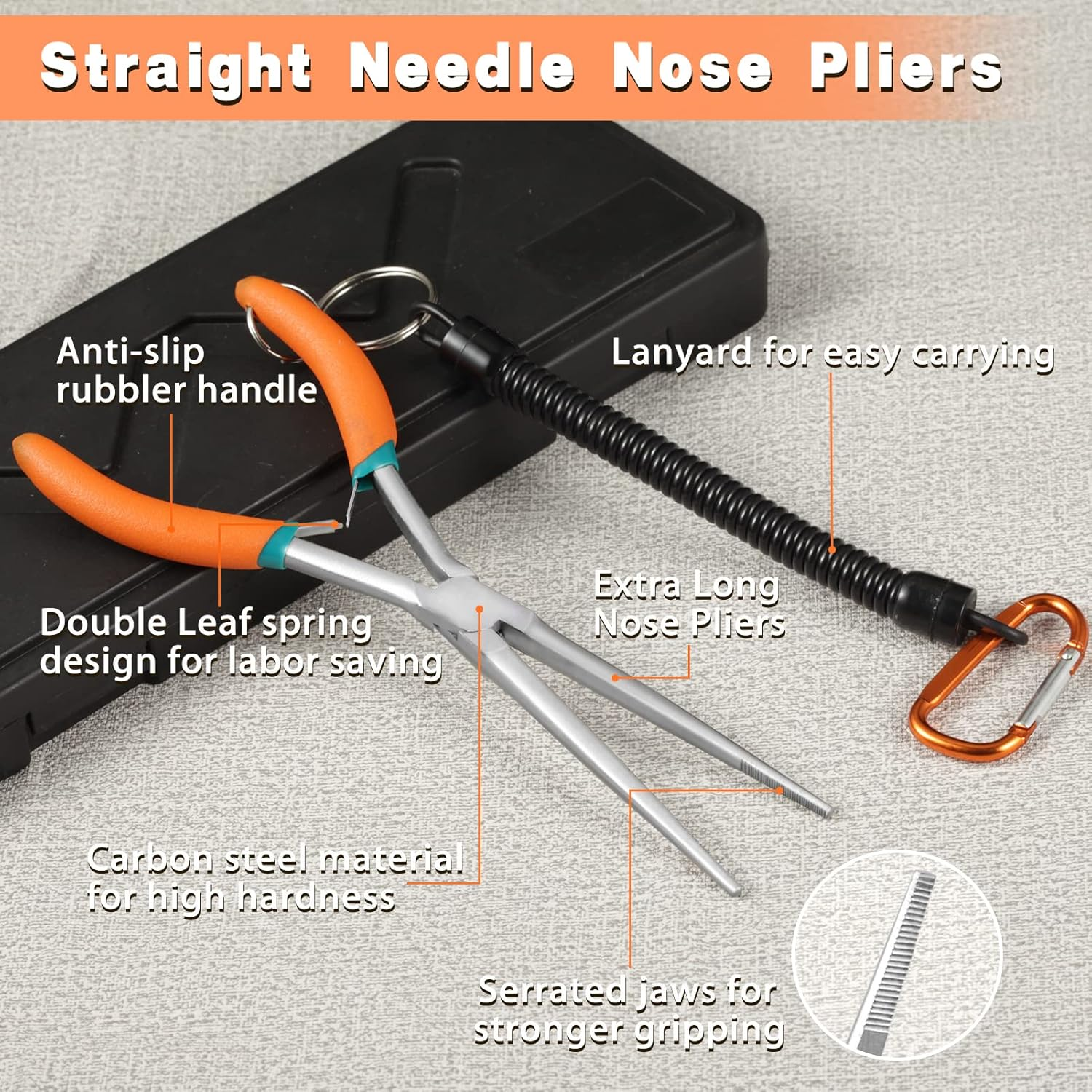 LEONTOOL Extra Long Needle Nose Pliers for Jewelry Making 7 Inches Straight Needle Nose Plier with Serrated Jaw Fishing Hook Remover Tool with Lanyard Long Nose Pliers for Hard-To-Reach Narrow Spaces image number 3