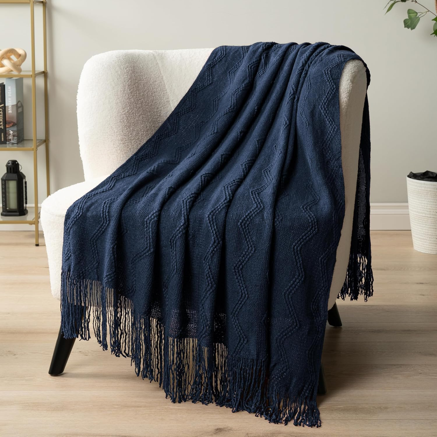 PAVILIA Navy Blue Knit Throw Blanket for Couch, Soft Knitted Boho Blanket, Farmhouse Home Decor Woven Throw, Cozy Decorative Afghan Bed Sofa, Outdoor Summer Fall Gift, Lightweight, Dark Blue, 50X60 image number 4