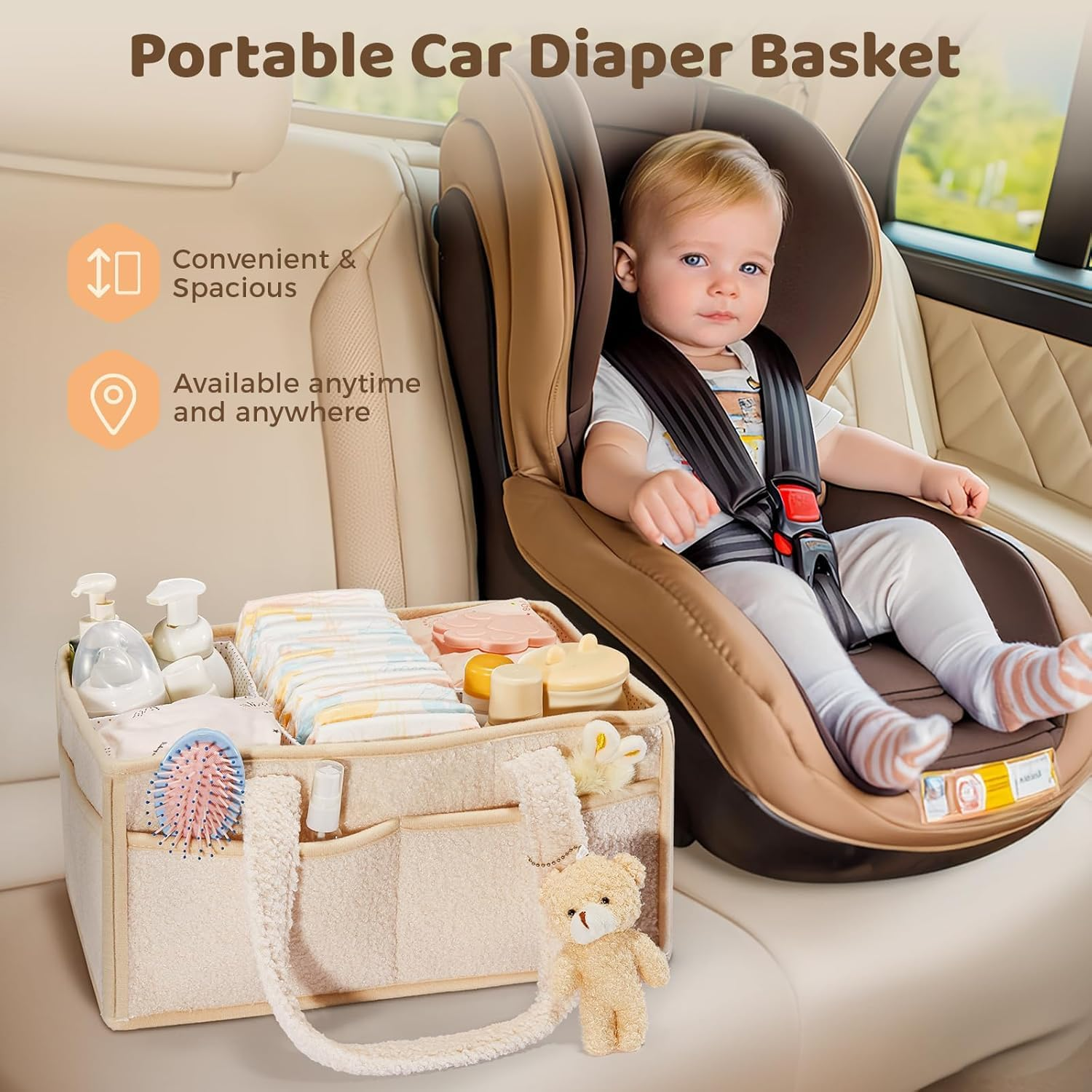 Baby Diaper Caddy Organizer, Foldable Nursery Tote Storage Bin Portable Car Travel Organizer Toys Storage Bag for Diapers and Baby Wipes,Soft Nursery Storage Bin image number 5