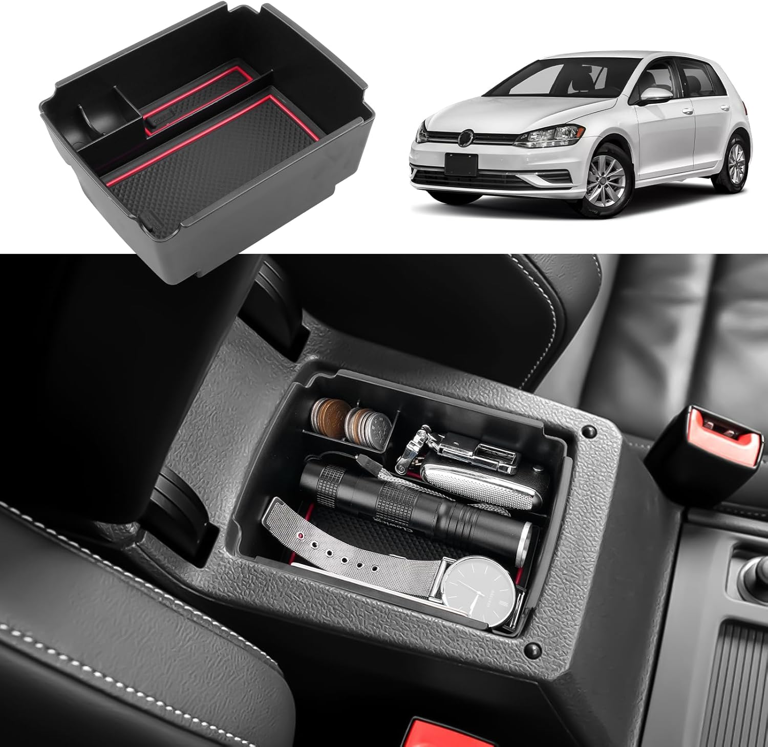 Coleya Centre Console Storage Box Compatible with VW Golf 7 7.5 2013-2019, Golf 7 Accessories Armrest Organiser, Golf 7.5 Centre Armrest Glove Box with Non-Slip Mat (Red) image number 5