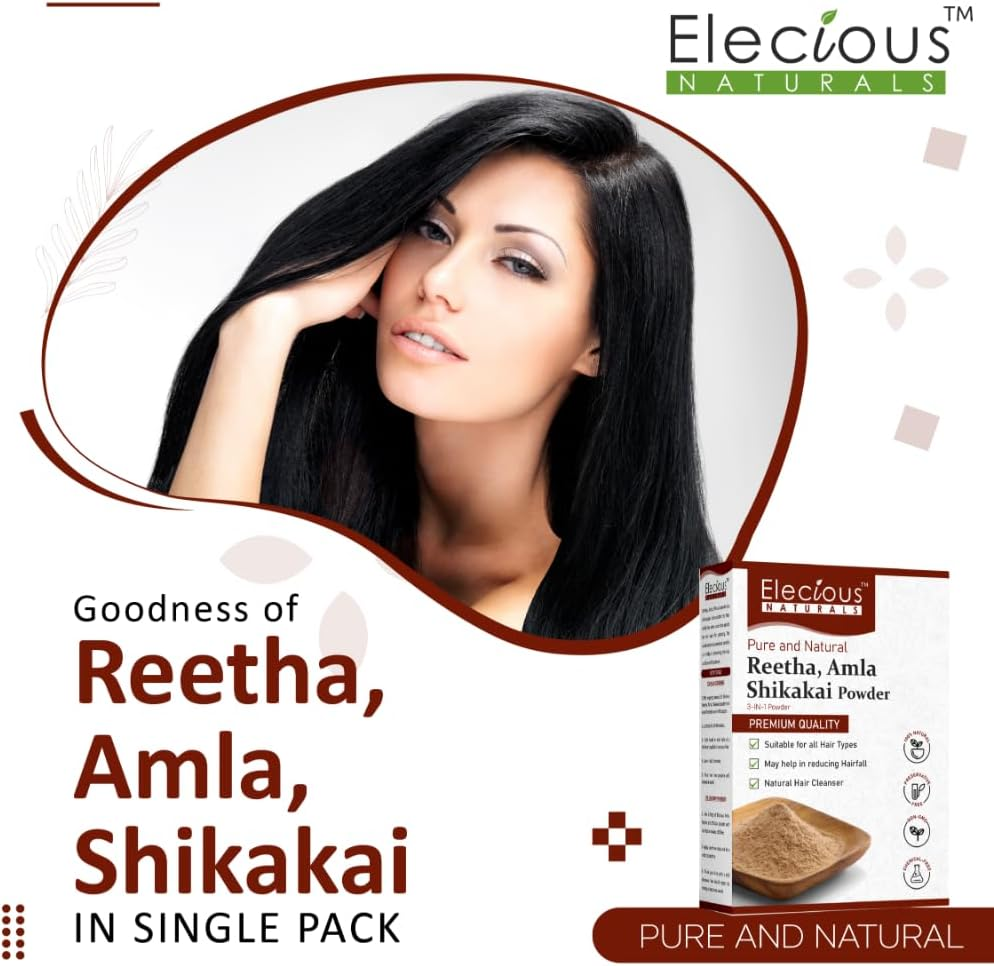 Elecious Naturals Amla, Reetha, Shikakai Powder for Hair | 3-In-1 Natural Hair Cleanser | 100% Natural, No Chemical, No Preservative | SLS, Paraben Free | Ready to Use