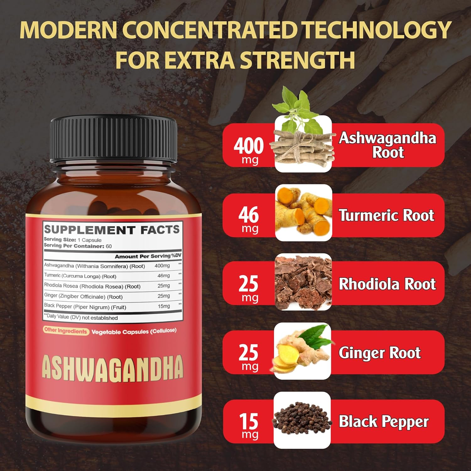 3 Packs 60 Capsules for 6-Month Supply - 5 in 1 Organic Ashwagandha Supplements 5200Mg - Combined with Turmeric, Ginger, Black Pepper & Rhodiola - Support Restful Mood, Strength & Energy Production image number 4