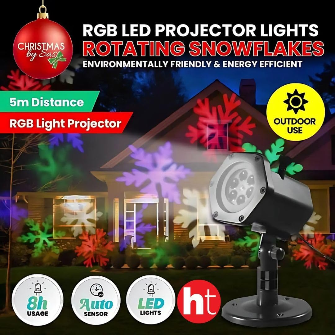 SAS Solar-Powered Snowflake Festive Rotating Projector Lights, Multicolour Changing Led - Outdoor Holiday Decoration image number 1