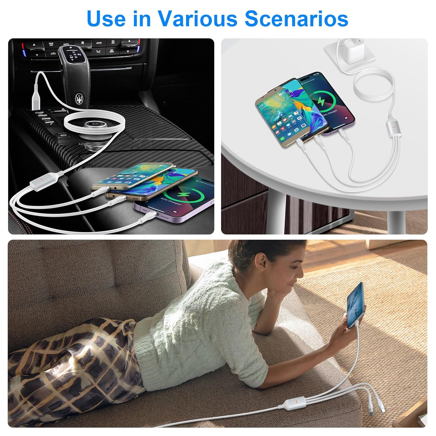 Pubiohs 3M Braided Long 3 in 1 Multi Charging Cable - 100W PD Fast Charger Cable with USB-A/USB-C Inputs + Lightning/Usb-C/Micro USB Outputs for Iphone 16/15/14, Ipad, Galaxy, 100 Watt Laptop image number 4