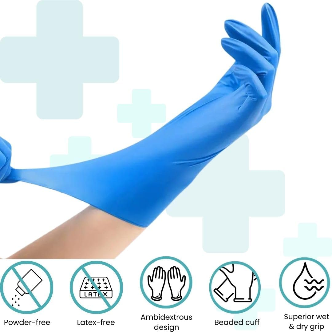 Handicare 280Mm Extended Long Cuff Blue Nitrile Disposable Gloves, Pack of 100, Powder, Free Latex Free, Chemical Resistant, Food&Medical Exam Gloves image number 1