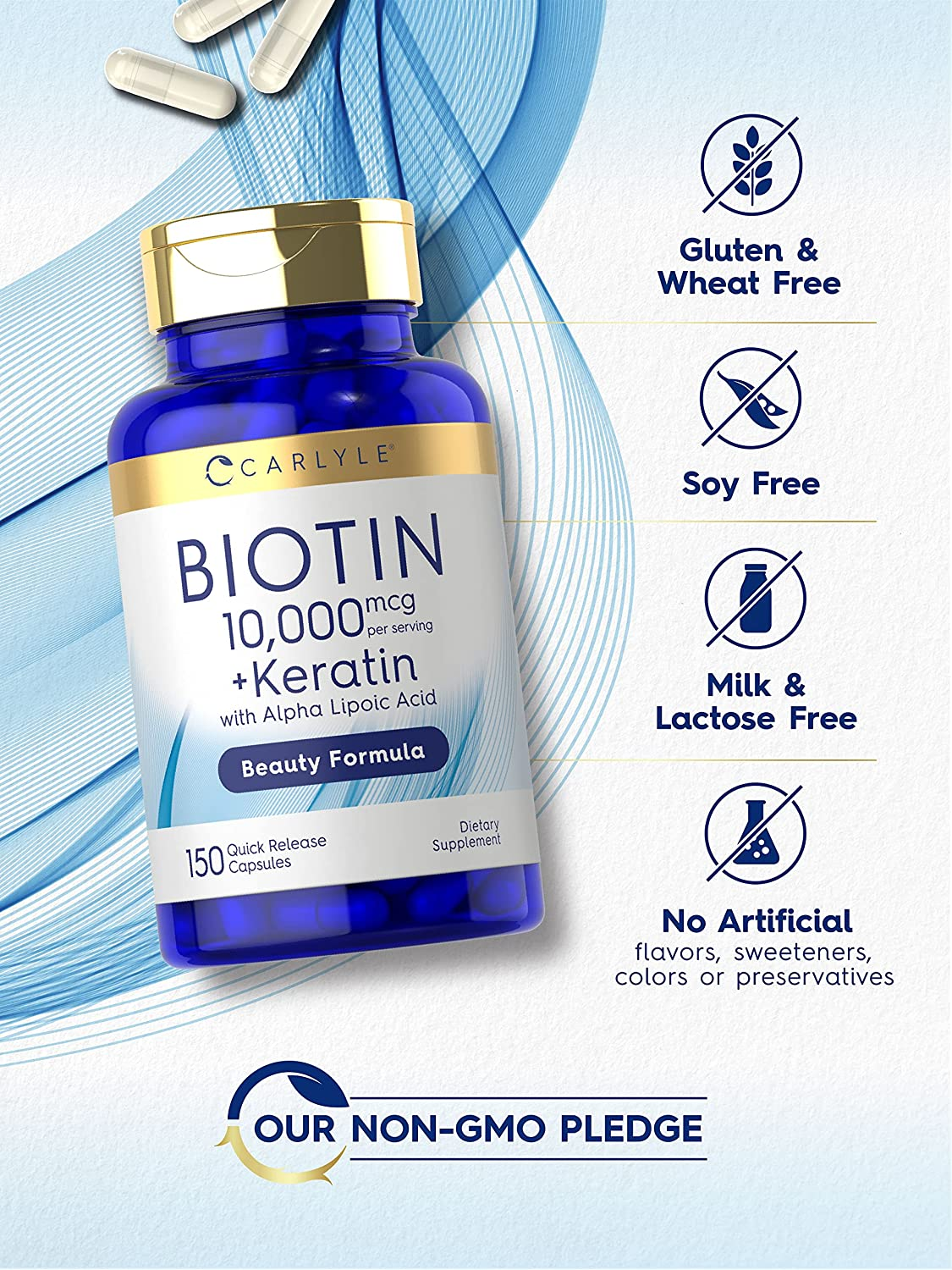 Biotin 10000Mcg | 150 Capsules | Beauty Formula with Keratin | Non-Gmo, Gluten Free Supplement | by Carlyle image number 3