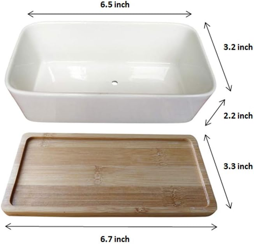 LANKER 6.5 Inch Rectangle White Ceramic Succulent Planter Pot Decorative Cactus Plant Pot Flower Container with Bamboo Tray (Rectangle 6.5 Inch) - Rectangle 6.5 Inch image number 4