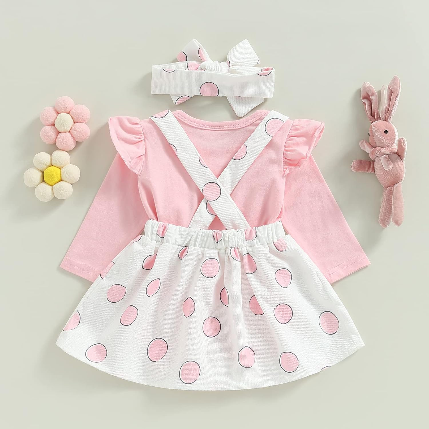 Newborn Baby Girl Pink Bunny Outfit Long Sleeve Romper Rabbit Suspender Skirt Overall Dress Headband My 1St Easter Outfit image number 2