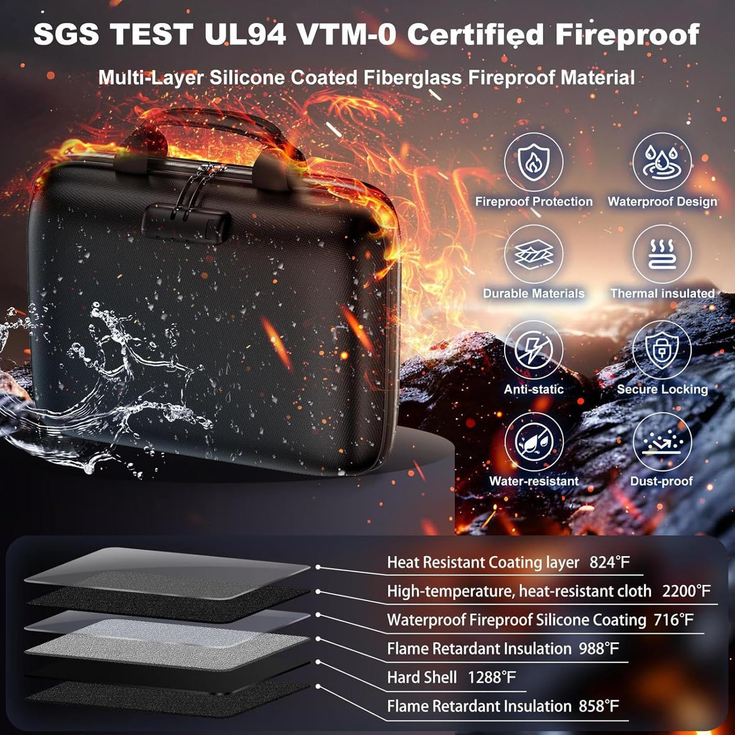 Fireproof Bag,13 Pocket Secure Storage Zipper Holder - Lockable Fireproof Money Bag for Cash,For Valuables, Important Papers, Passports, ID Cards, Social Security Card image number 2