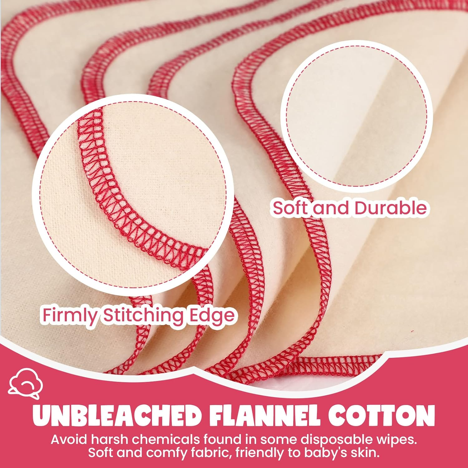 Meekoo 45 Pcs Unbleached Flannel Cloth Baby Wipes Reusable Baby Diapers Wipes 8 X 8 Inch Soft and Sturdy Washable Natural Cloth Tissues Outer Stitching(Red)