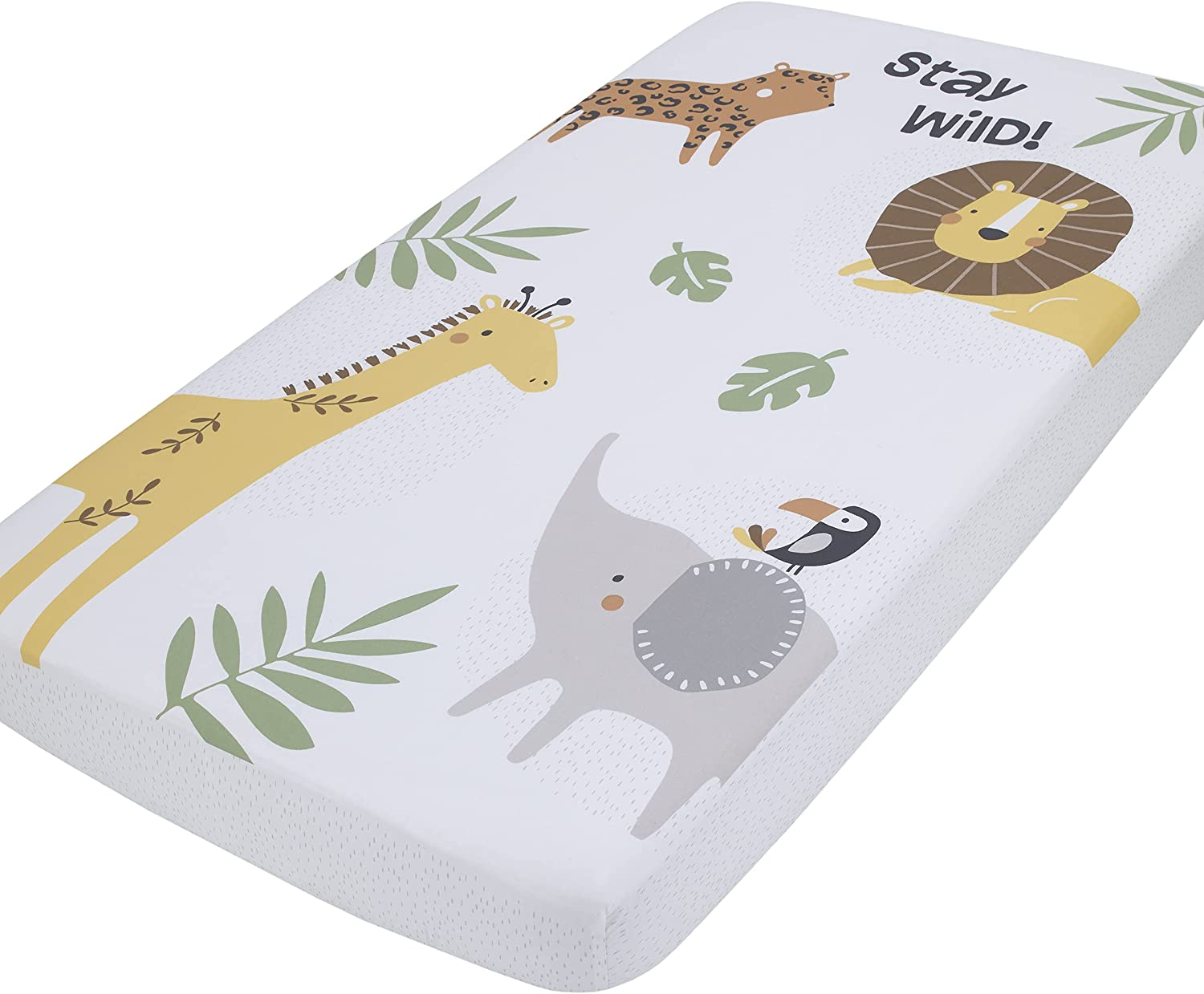 Nojo Jungle Trails White, Green, & Gold Stay Wild Animal Print with Leaves Photo Op 100% Cotton Nursery Fitted Crib Sheet, Grey, Green, Gold, White