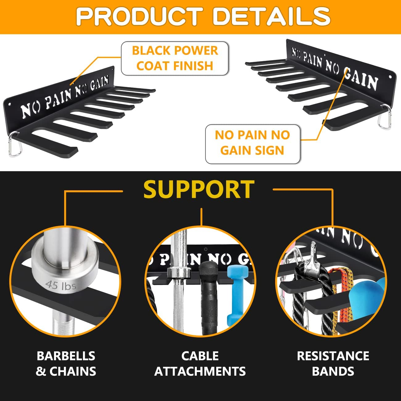 Gym Home Rack 8 Hook Heavy-Duty Wall-Mounted Organizer Multi-Purpose Workout Gear Wall Hanger Storage for Resistance Bands, Jump Ropes, Lifting Belt, Fitness Bands, Barbells Carabiners Included image number 4