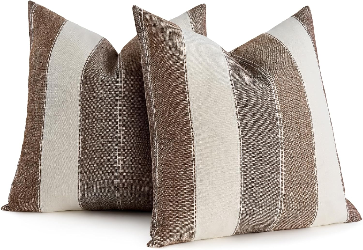 Amhoo Pack of 2 Farmhouse Stripe Check Throw Pillow Covers Set Case Cotton Linen Decorative Pillowcases Cushion Cover for Couch Bench Sofa 18X18Inch Light Grey Beige