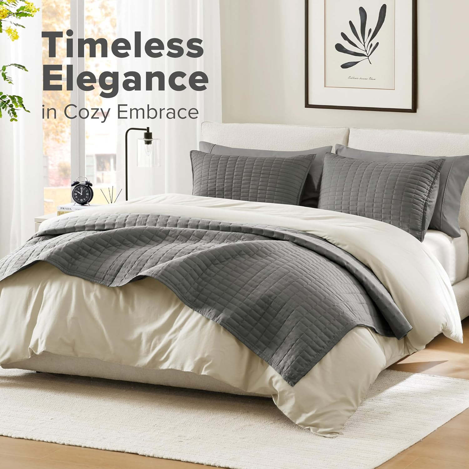 Comfort Spaces Kienna Quilt Set-Luxury Double Sided Stitching Design Summer Blanket, Lightweight, Soft, All Season Bedding Layer, Matching Sham, Charcoal Grey, Coverlet King (104"X90") 3 Piece image number 1