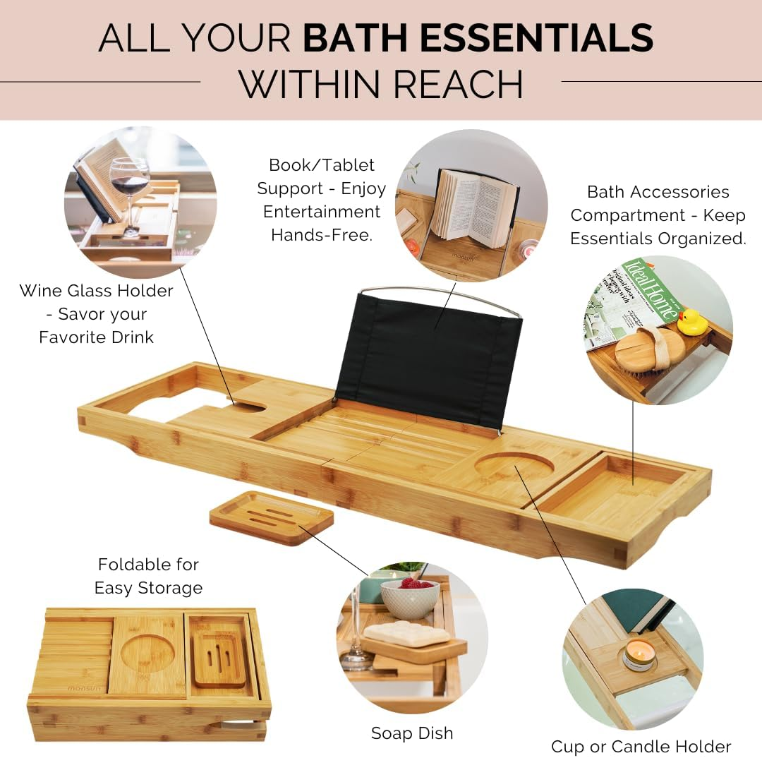 Foldable Bamboo Bathtub Tray Caddy - Expandable Bath Tray for Tub | Secure, Non-Slip Bathtub Caddy Tray for Tub for Bath Accessories, Bath Stuff &ndash; Perfect Relaxing Gifts for Women and Spa Gift Set