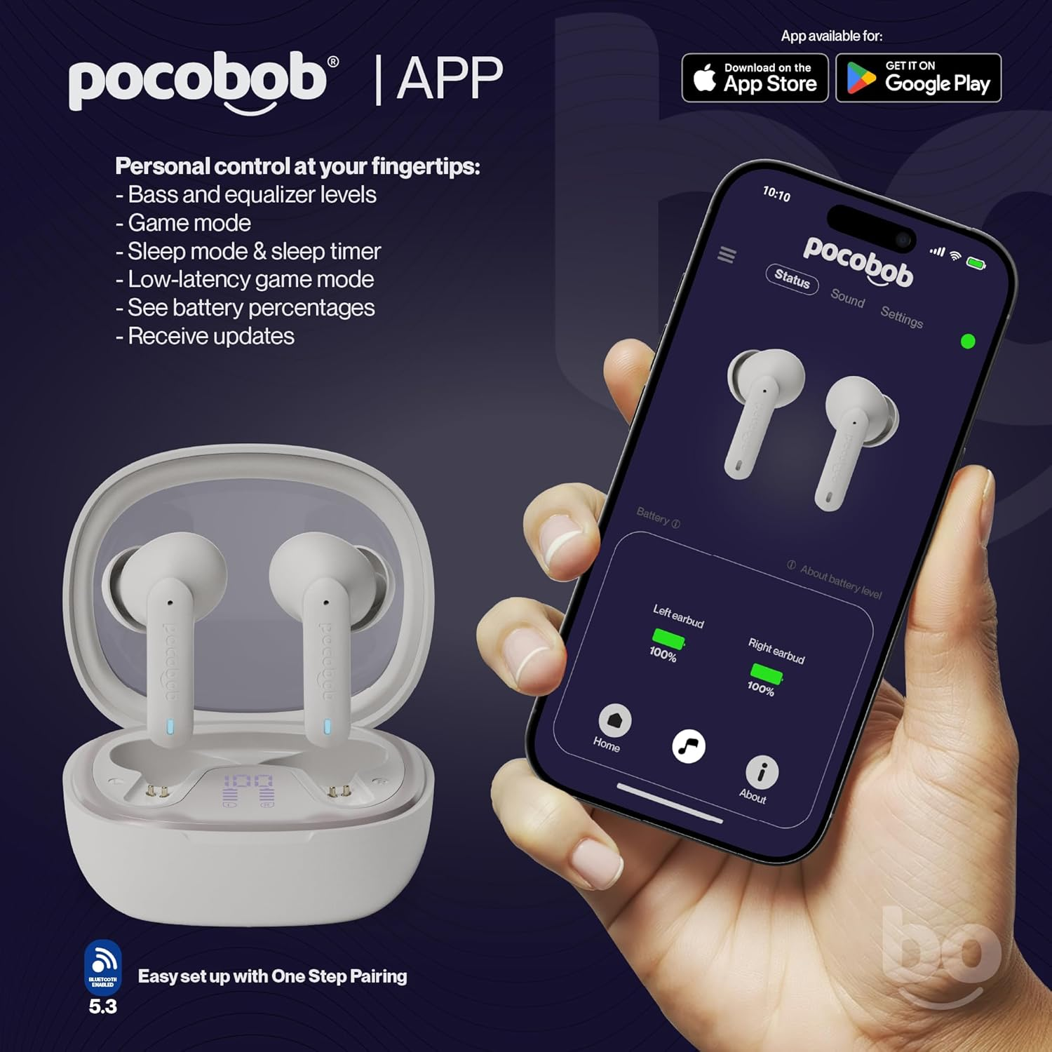 Pocobob 8 Bluetooth 5.3 In-Ear Headphones with Microphone, ENC, App Control, 32 Hours Battery, Touch, USB-C, IPX4 Water Protection - True Wireless Earbuds - Beige image number 1