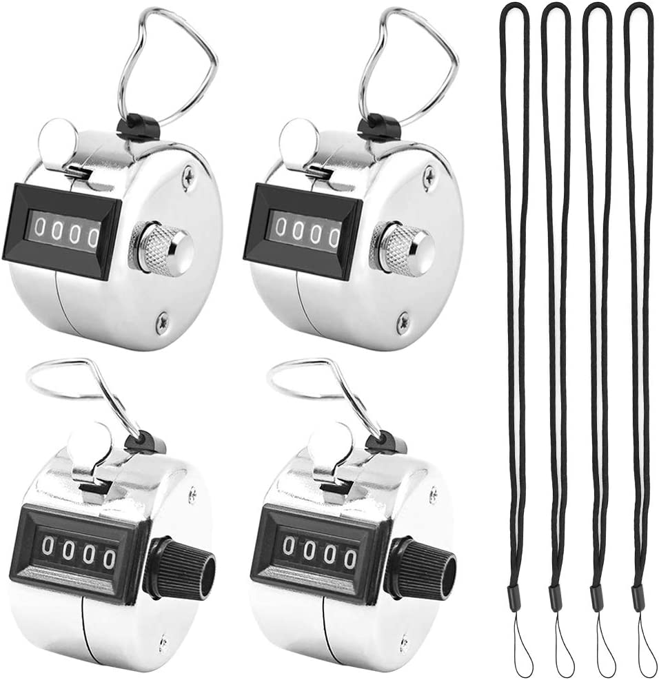 AFUNTA 4 PCS 4 Digit Hand Tally Counters Hand Held & 4 Lanyard, Mechanical Manual Clicker Number Lap Tracker with Metal Finger Ring Hoop Holder Fit Stadium Coach - Silver image number 3