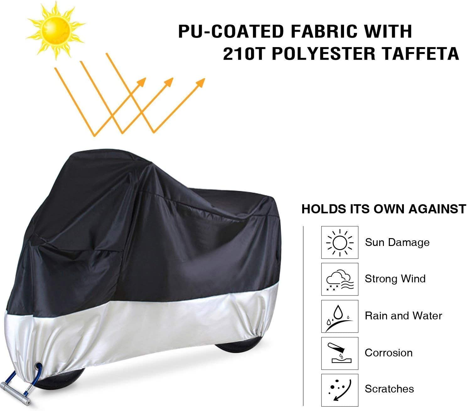 Motorcycle Cover, Ohuhu All Season Waterproof Snowproof Motorbike Covers with Lock Holes, Fits up to 108"/274Cm Motors Bikes Scooters for Honda, Yamaha, Suzuki, Harley, Kawasaki, Black-Silver image number 2