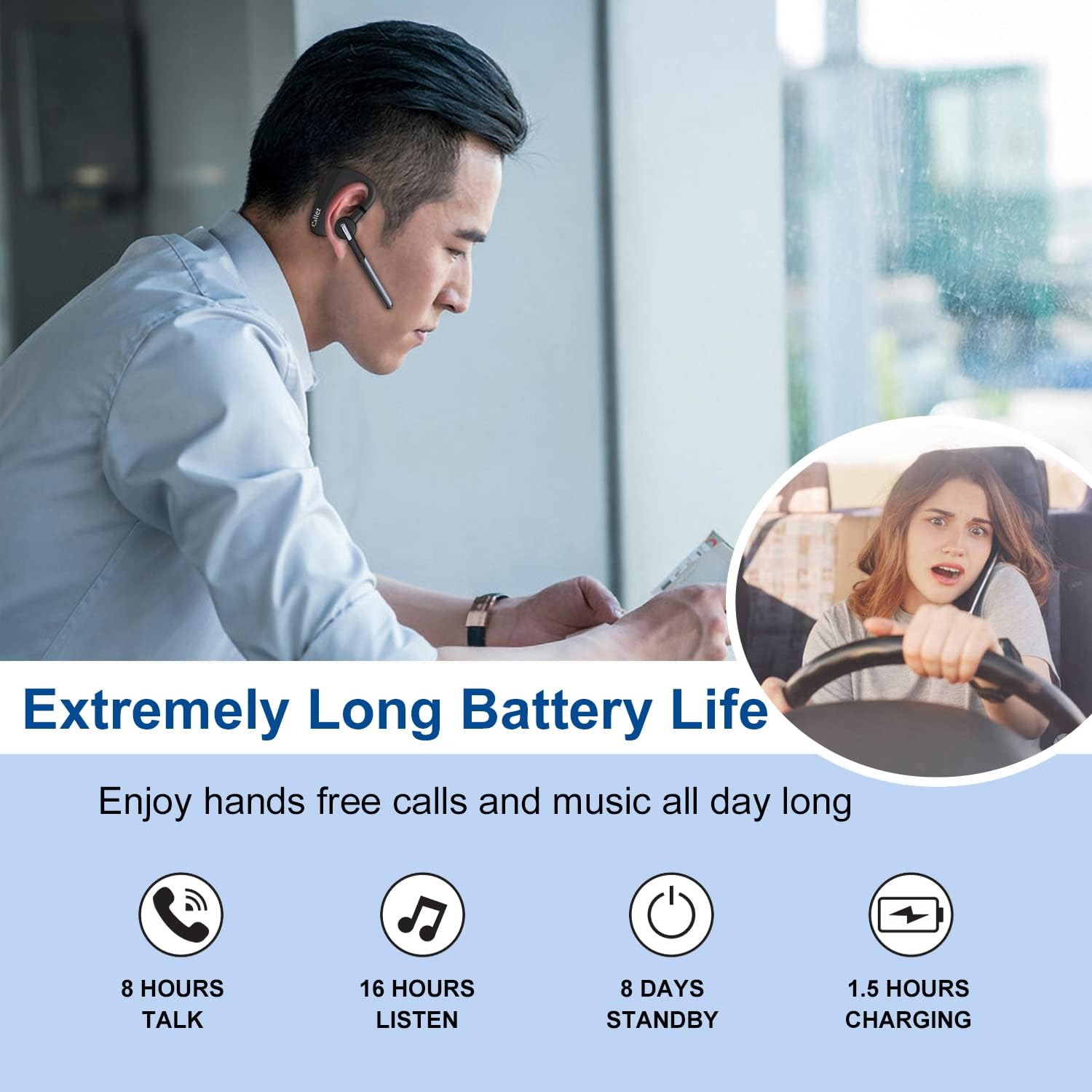 Bluetooth Headset with CVC8.0 Dual Microphone Noise Cancelling Wireless Headphones V5.0 Wireless Headset Mobile Phone for Iphone Samsung Smartphone Driving Business Office Clear Chat Super Light