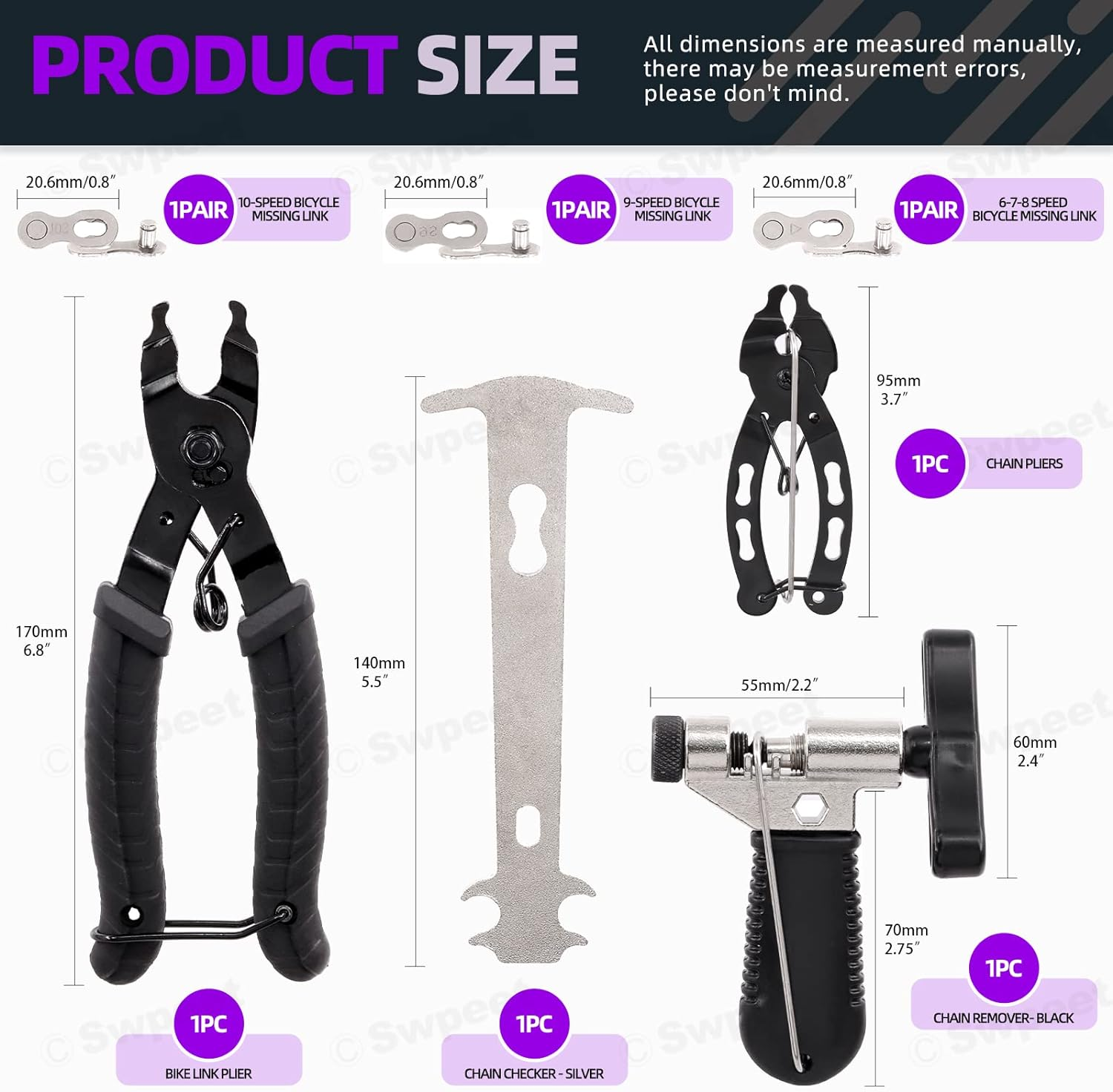 Swpeet 11Pcs Bike Chain Repair Tool Assortment Kit, Including Bike Chain Plier, Bicycle Chain Master Link Pliers, Wear Indicator Chain Checker, Chain Breaker Splitter Tool and Missing Link Connector image number 2