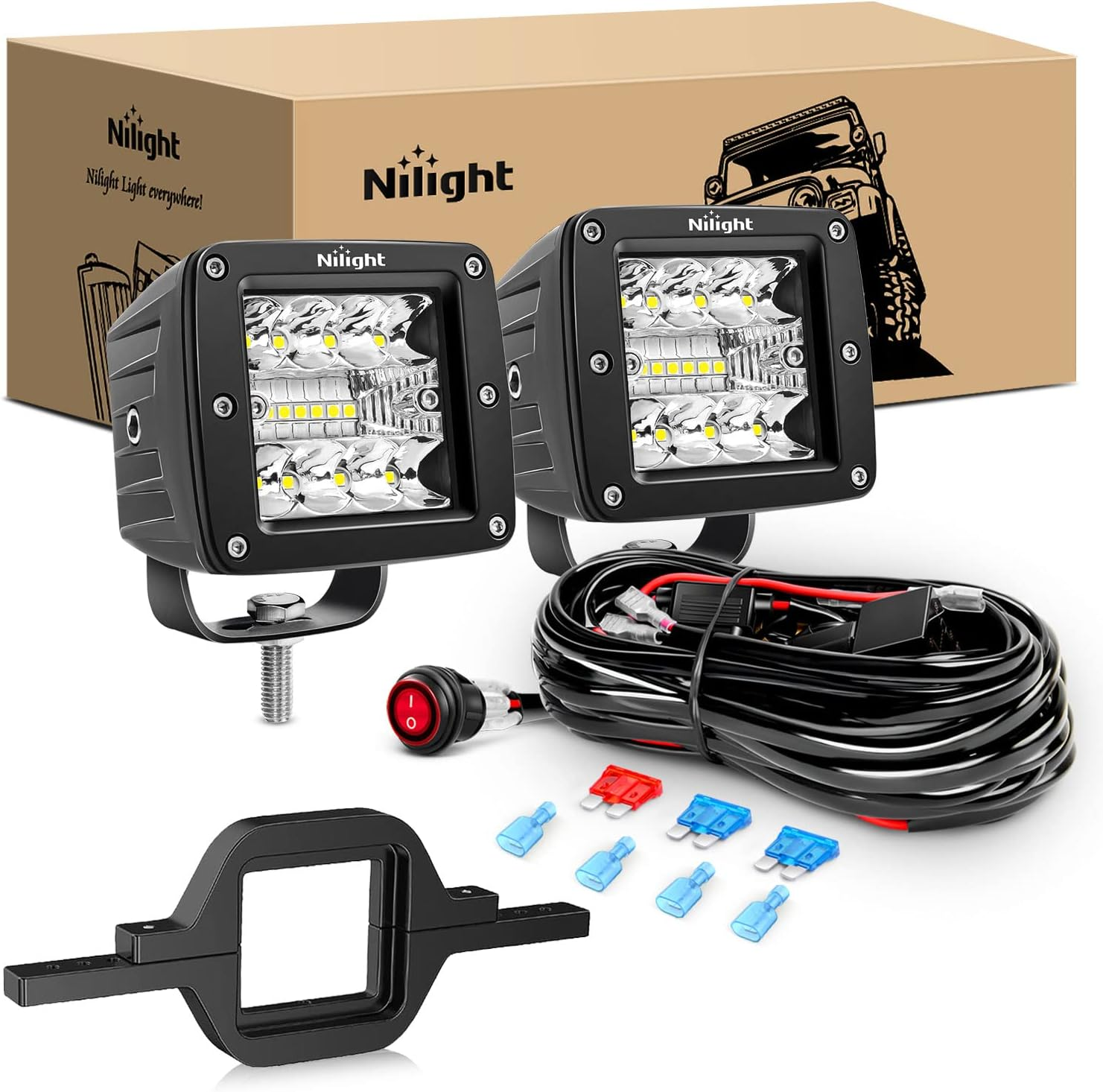 Nilight 2Pcs 3 Inch Led Pods Cubes 2-2.5 Inch Tow Hitch Mounting Brackets LED Backup Reverse Lights Rear Search Light Bar Wiring Harness Kit -2 Leads for SUV Truck Trailer