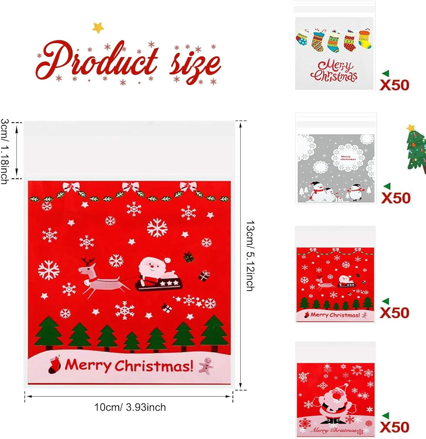 Christmas Self-Adhesive Candy Cellophane Bags,Tuoyi 200Pcs 4 Different Patterns Xmas Treat Cookie Bags for Christmas Holiday Party Favor Gift Decoration Supplies image number 1