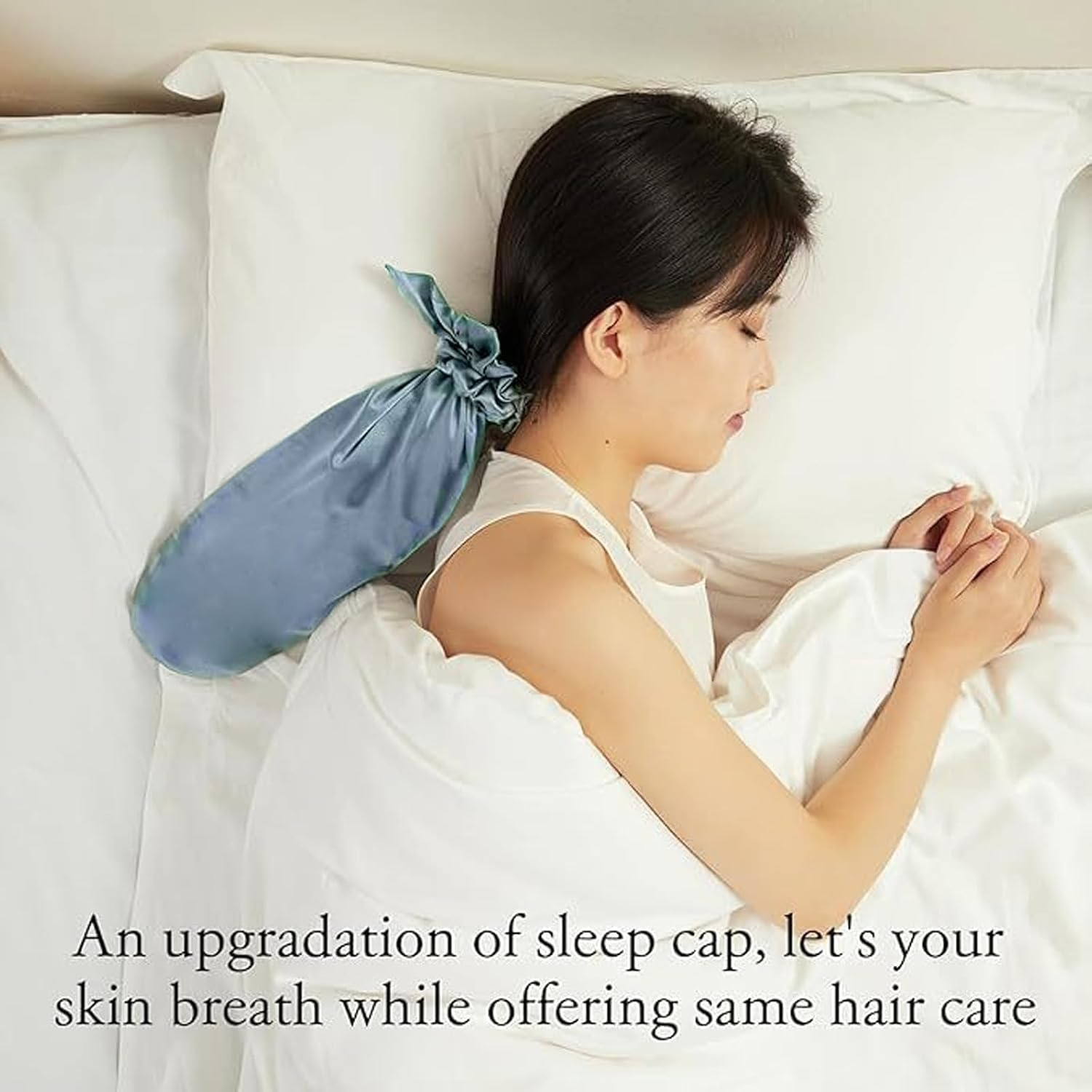 Alriedy Satin Hair Cap for the Night - 2-In-1 Sleep Cap & Headband | Silky Soft Bonnet for Sleeping for Long Hair, Curls & Straight Hair | Anti-Frizz & Non-Slip (Light Blue) image number 2