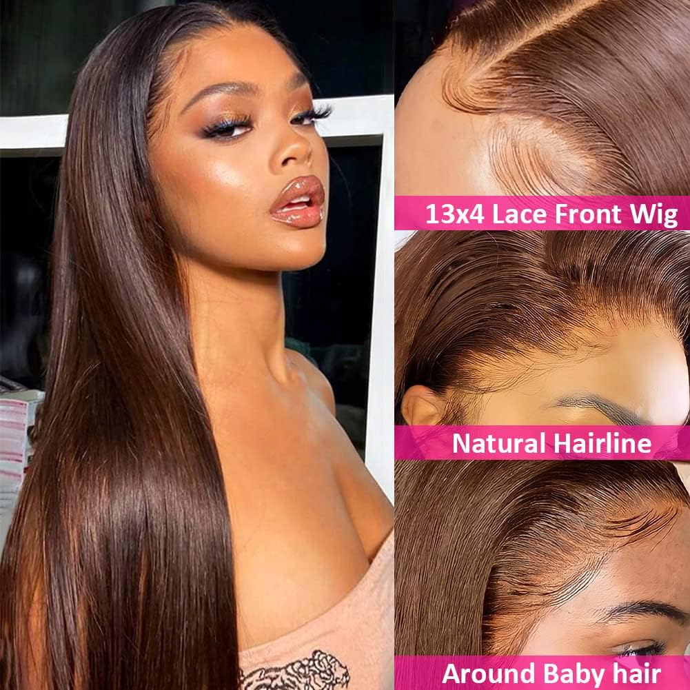 Hermosa 13X4 Brown Lace Front Wigs Human Hair with Baby Hair 180 Density Straight Lace Frontal Human Hair Wigs Pre Plucked Hairline 4# Brown Color 28 Inch image number 4