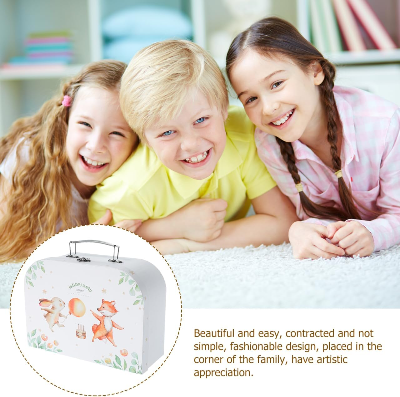 FRCOLOR Paperboard Suitcase Storage Box 9.8 Inch Kids Portable Toy Organizer DIY Craft Box for Birthday Party and Home Decoration image number 3