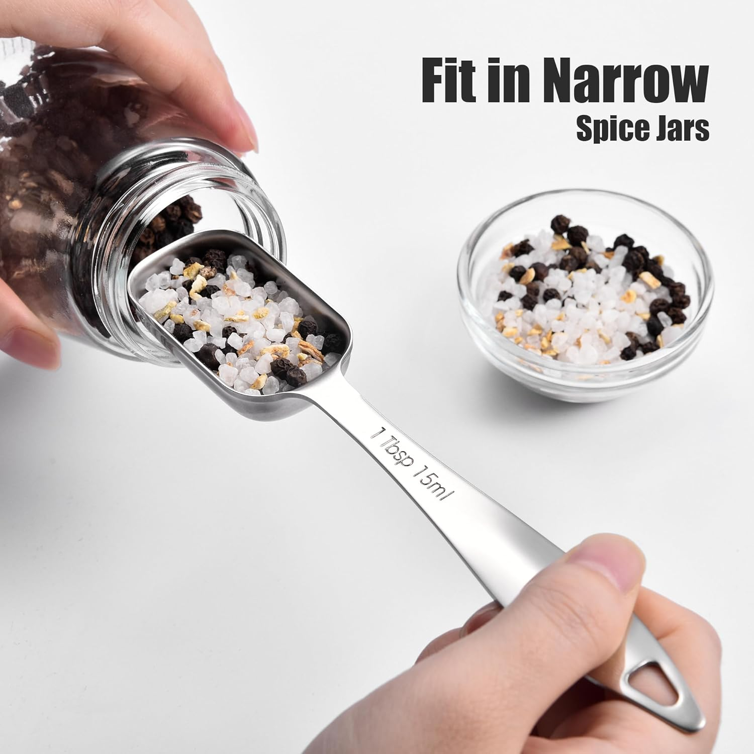 18/8 Stainless Steel Measuring Spoons: Doosu Heavy Duty Rectangular Spoon Square Teaspoon Tablespoon Scoop with Slim Long Handle in Narrow Spice Jar for Kitchen Baking Cooking (Set of 8 with Leveler) image number 2