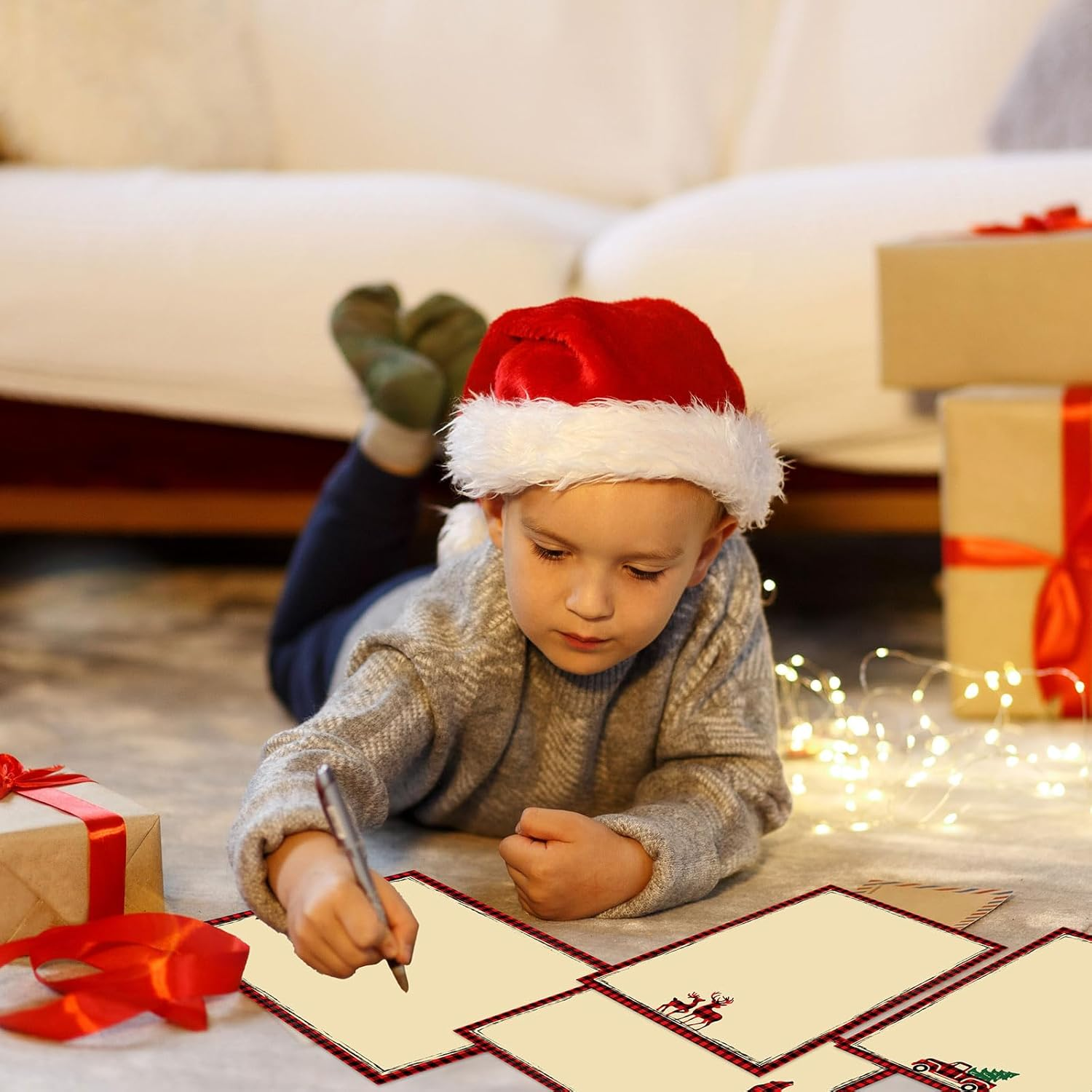 Whaline 60Pcs Christmas Stationery Paper Xmas 4 Designs Decorative Writing Paper Red Black Buffalo Plaid Border Letterhead for Notes Greeting Cards Invitations Office School Printing, 8.5 X 11 In image number 5