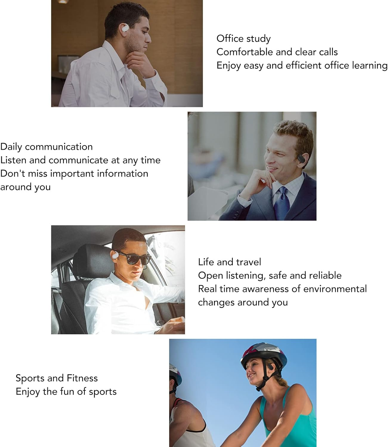 Denash Open Ear Earbuds, Ergonomic Dual Microphone Left Ear Black Bone Conduction Open Wireless Headphones for Office for Sports